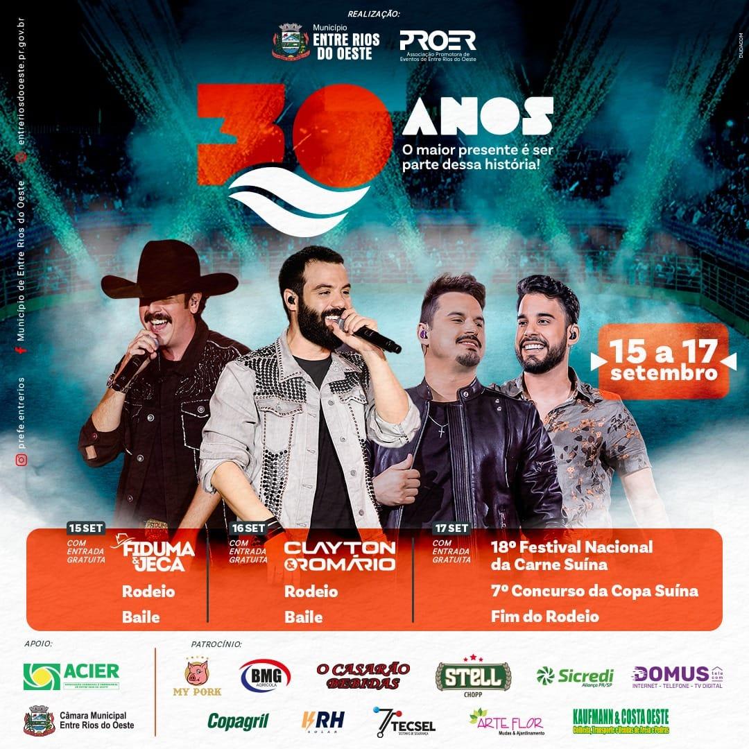 Festa em comemoração aos 30 anos de Entre Rios do Oeste começa nesta sexta (15)