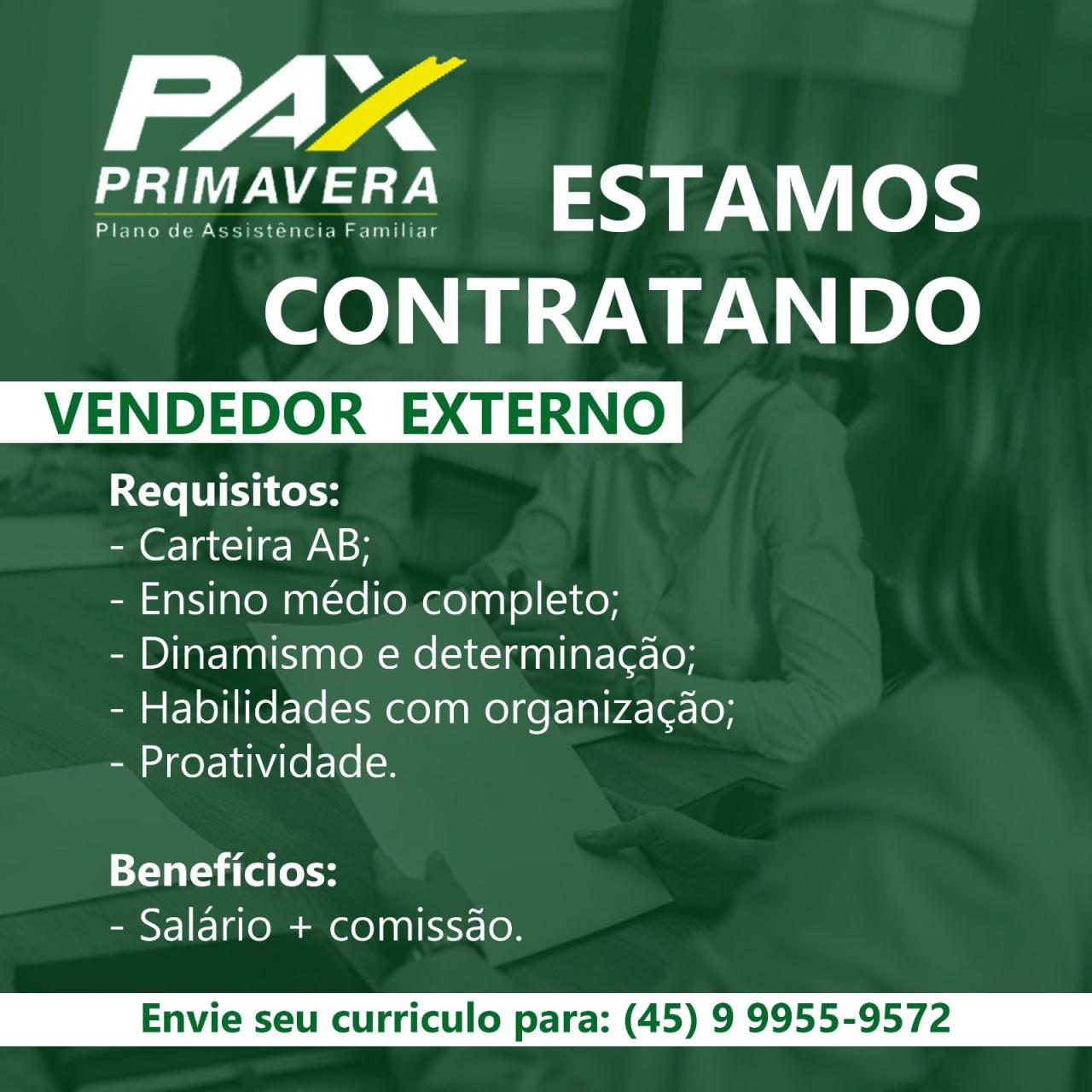 Pax Primavera está contratando vendedor externo em Santa Helena