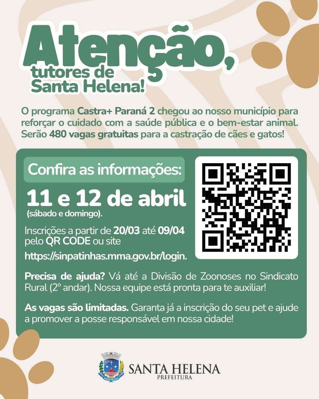 Inscrições para o programa Castra+ Paraná 2 em Santa Helena terminam nesta quinta-feira