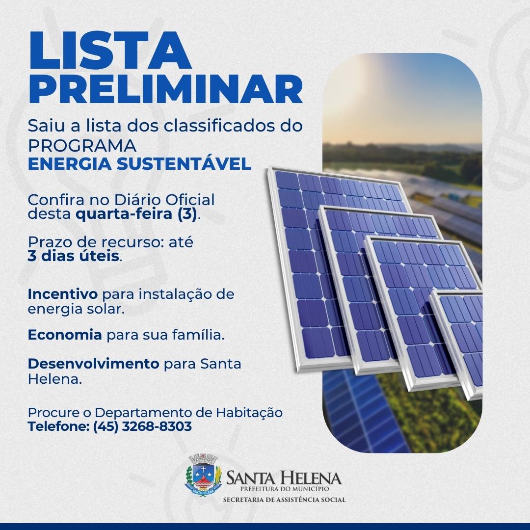 Santa Helena divulga classificação preliminar do Programa Energia Sustentável