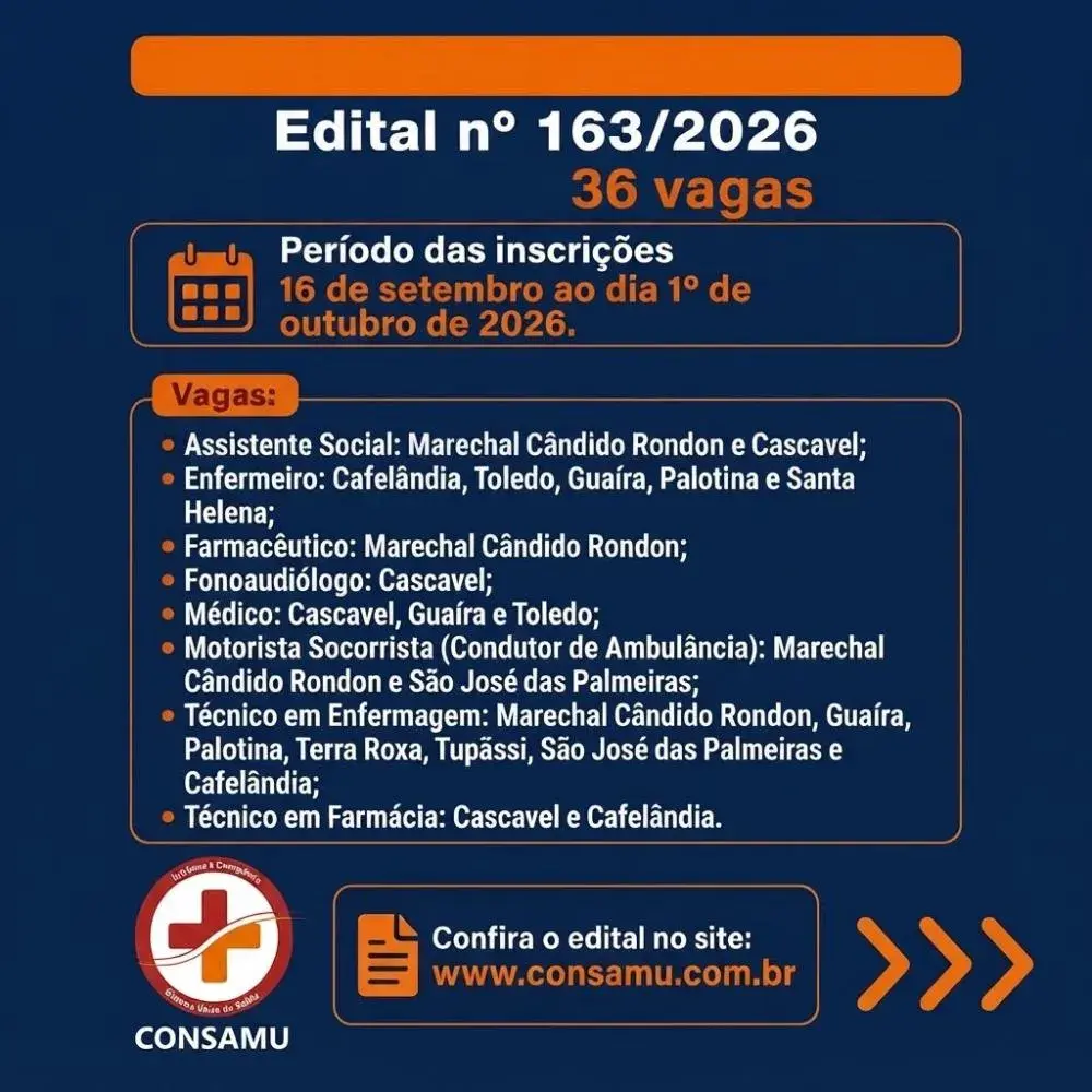 Concurso CONSAMU abre 36 vagas para Santa Helena e outras cidades do Oeste do Paraná