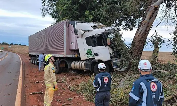 Carreta com destino à Medianeira sai da pista e bate violentamente contra árvore na PR-182