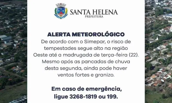 Prefeitura emite alerta para tempestades em Santa Helena, Oeste do Paraná